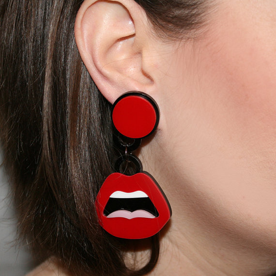 Red Lip Earrings - Retro Lips Ruby Red Lipstick